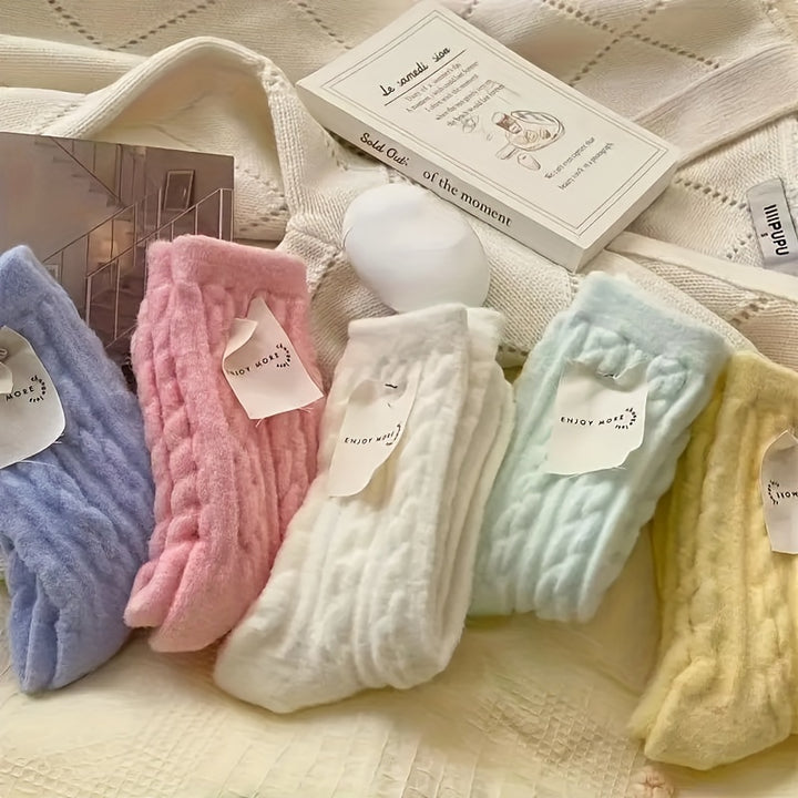 5 Pairs Women's Twisted Pattern Socks - Soft, Warm, Plush Mid-Calf | Candy-Colored, Smooth, Knitted Thigh-High Socks, Perfect for Gifts