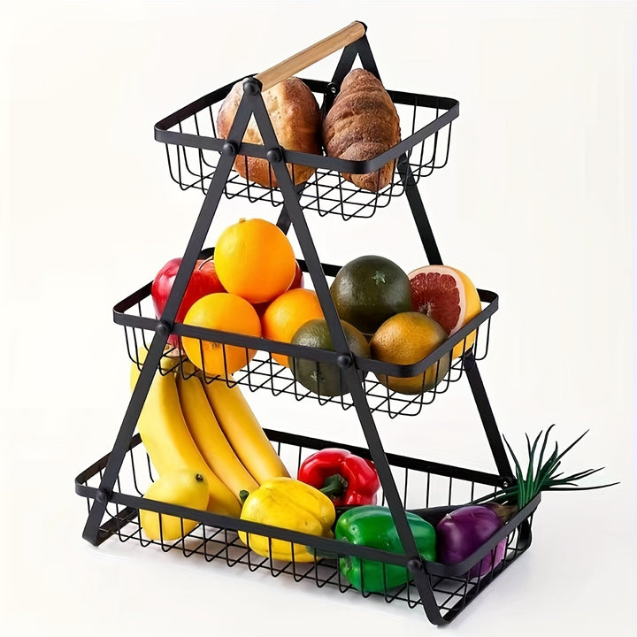 Modern Metal Fruit and Vegetable Basket with Detachable Bowl-Shaped Storage and Wooden Handle for Kitchen Organization, Perfect for Christmas/Halloween Gift, Countertop, Bathroom