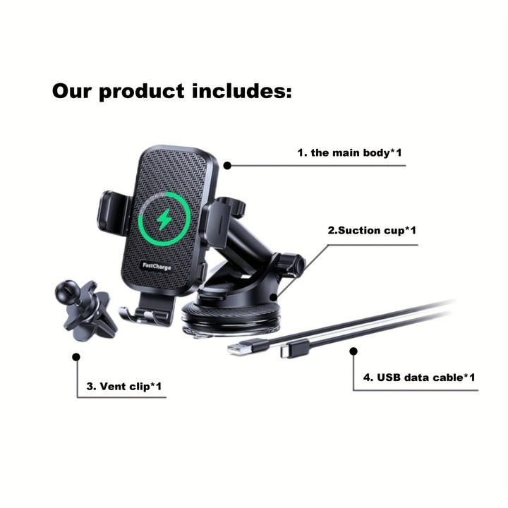 CHGeek 3-in-1 Wireless Car Charger, Car Phone Holder, 15W Fast Charge -Dashboard/Vent/Desktop, Universal Phone Clamp For IPhone & Android (No Slip! 30-Min Quick Install)