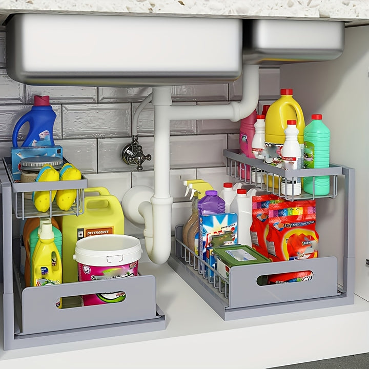 Two-Level Organizers for Under The Sink, Featuring a Sliding Pull-Out Shelf Made of Metal