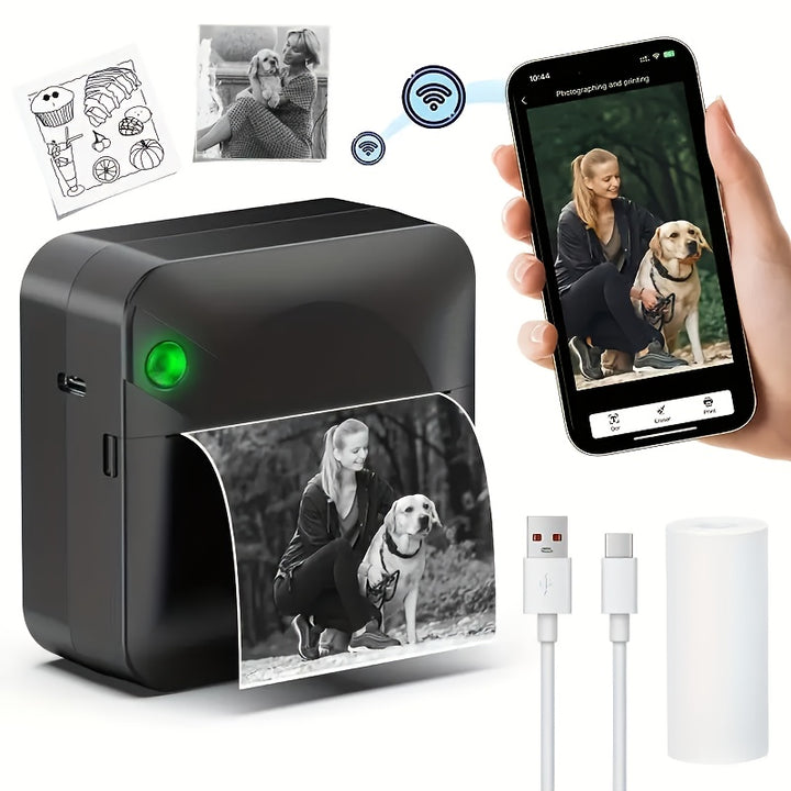 Micro Printer, Pocket Printer, Inkless Sticker Thermal Printer with 1 Roll of Thermal Paper, Wireless Portable Receipt Printer