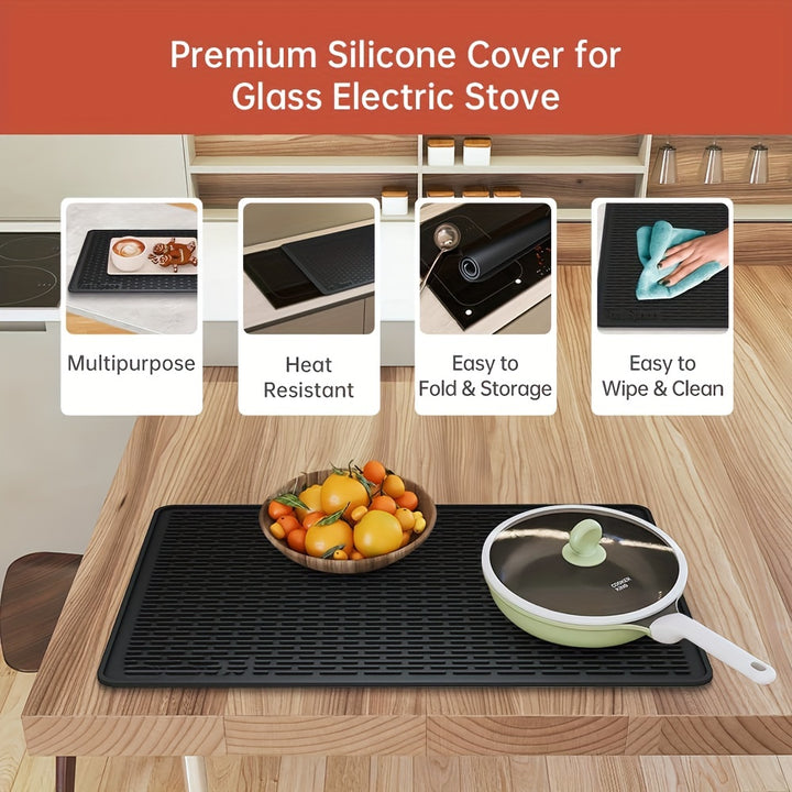 [28"x20" Heat Resistant Stove Top] Silicone Electric Stove Top Cover Mat - 28"x20"Ceramic Stove top Cover, Heat Resistant Glass Cooktop Cover, Flat RV Range Stovetop Protector, Extra Large Silicone Dish Drying Mat - BLACK