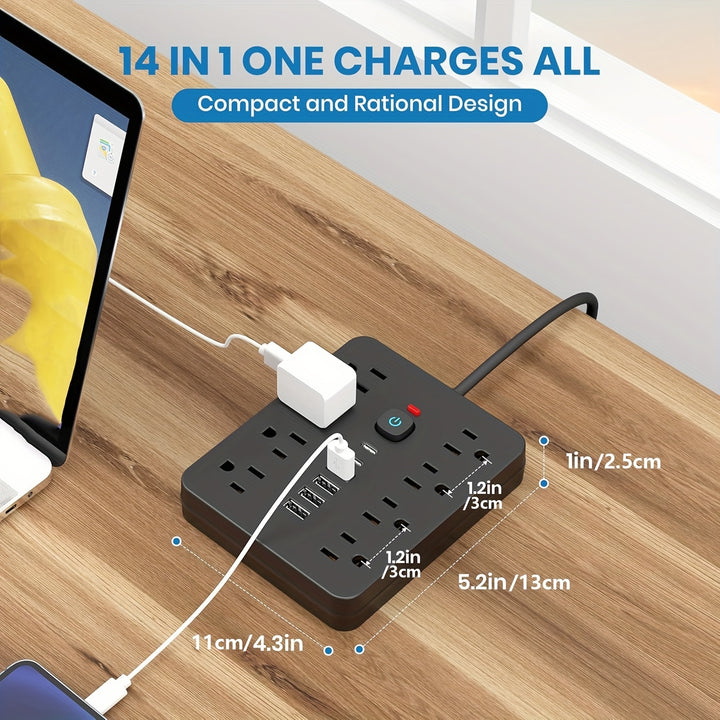 This Is a Versatile Black Power Strip Featuring 8 Outlets, 4 USB Ports, 2 USB-C Ports, a 5/10Ft Extension Cord, a Flat Plug, Wall Mounting Capability, Overload Protection, And Surge Protection, Making It Perfect for Charging