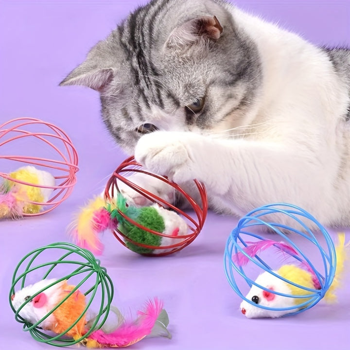 Amusing, Interactive Cat Toy with Real Feather Tail - Cage Mouse Teaser for Endless Fun, Durable Fabric Material Cat Interactive Toys