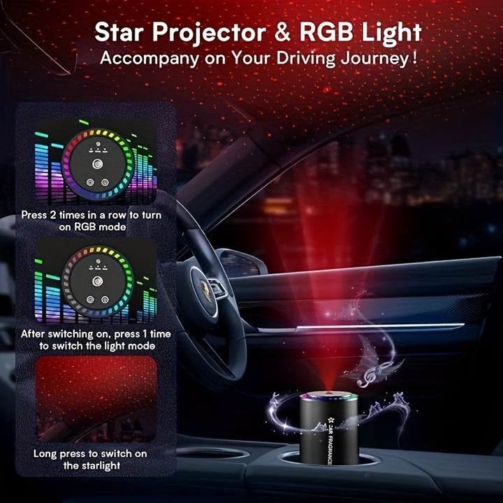 1pc Smart Car Air Freshener with Star Projector, Soundwave technology Diffuser, 3 Modes Auto On/Off, 1.69oz Refillable Natural Scent, Nightlight Feature, USB Powered, Essential Oil Compatible, Long-Lasting Fragrance up to 135