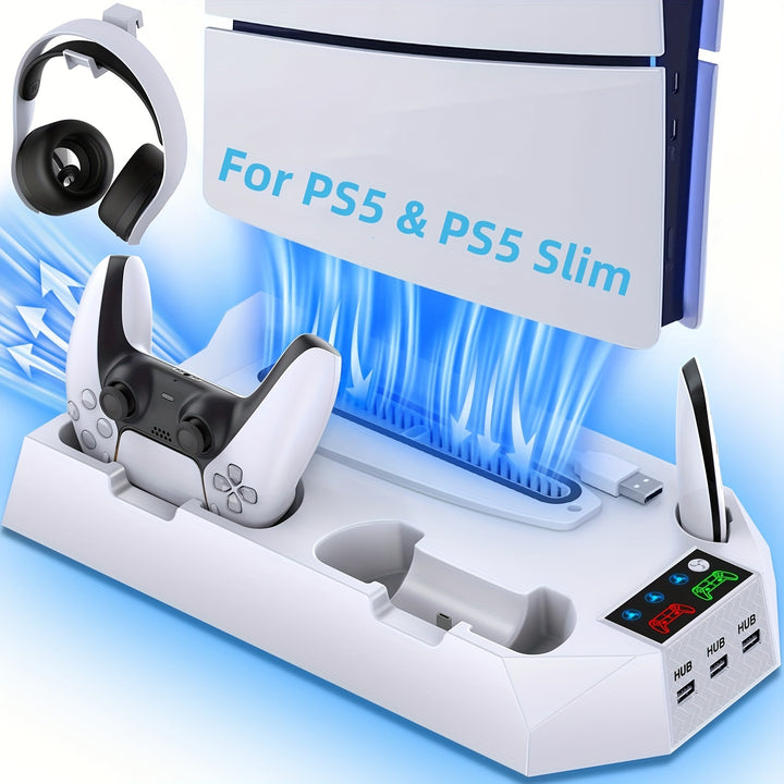 [Dual Charging PS5 Stand Station] PS5 Stand and Cooling Station with Dual Controller Charging Station for Playstation 5 Console, PS5 Accessories Incl. Controller Charger, Cooling fan, Headset holder, 3 USB Hub, Media Slot, Sc