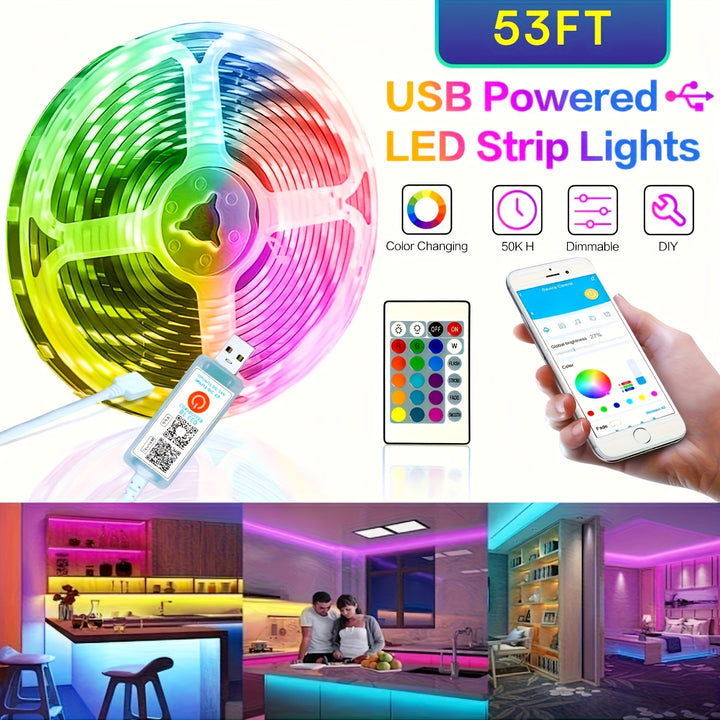 25/50/53/100/130/200ft Extra Long Smart LED Strip Lights, RGB LED Lights with App And Remote Control, Timing&dimmable, Music Sync Color Changing Lights, DIY