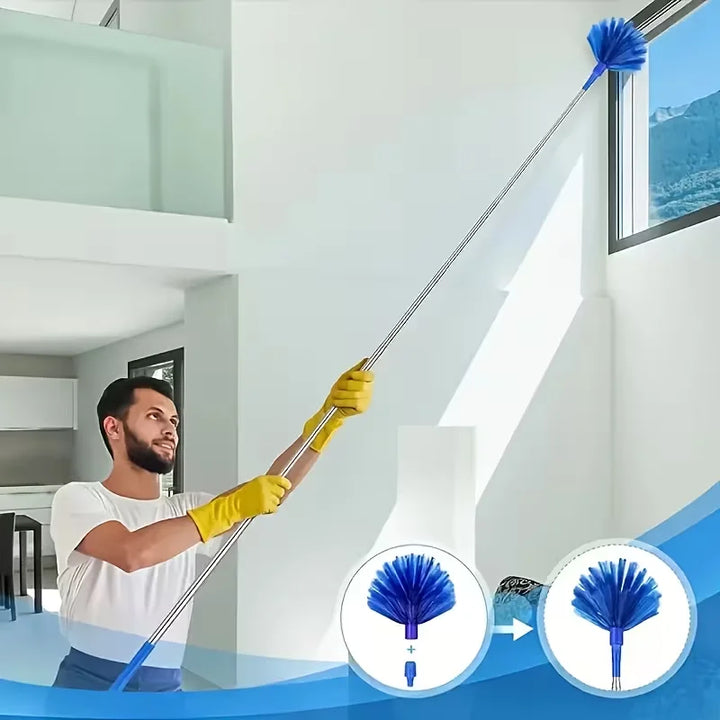 1pc Extendable Spider Web Duster with Medium Stiff Bristles, Retractable Stainless Steel Pole for Indoor & Outdoor Cleaning, No