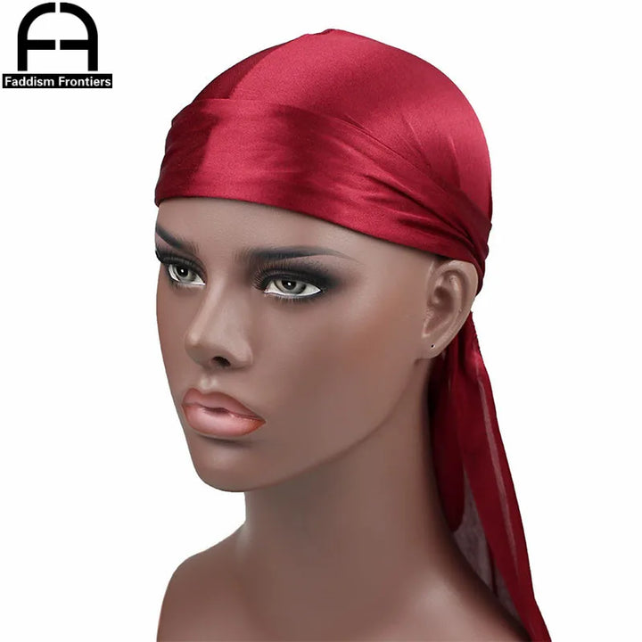 Unisex Women Men Silk Durag Turban Hat Wigs Biker Headwear Headband Hair Accessories Long Tail Straps Bandanas Silky Durags