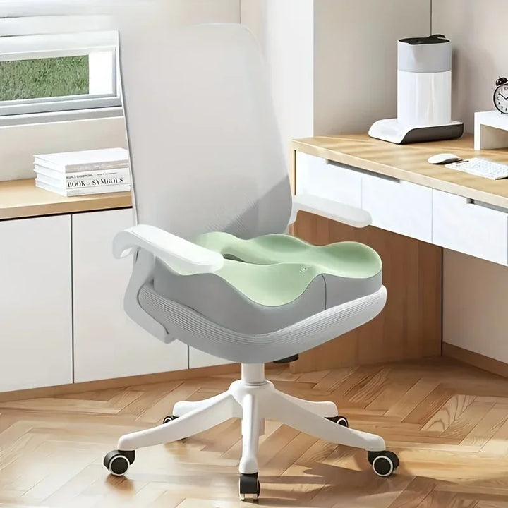 1 Pc Memory Foam Seat Cushion - 3D Ergonomic Support | Light Green & Grey, Washable Polyester, Car/Office Essentials