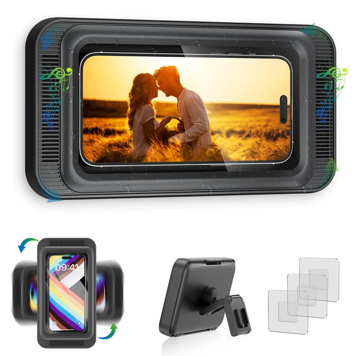 Shower Phone Holder with Speaker 480 Rotation, Wall Phone Mount for Shower Waterproof Anti Fog Shower Case for 4-7" Phones