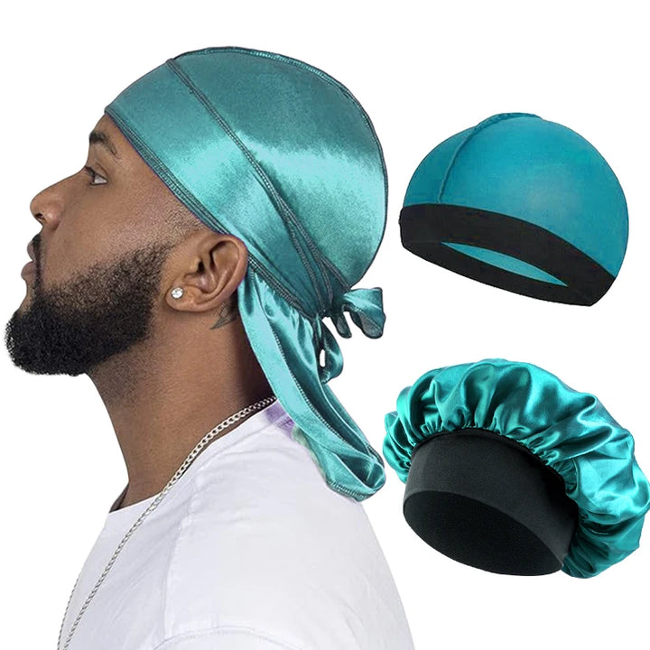 3 Pcs/LOT Men Silky Durag Long Tail Pirate Hat Headband Turban Dome Wave Cap Unisex Wig Cap Elastic Band Satin Bonnet