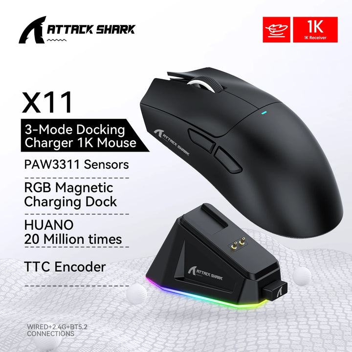 Attack Shark X11 Wireless Mouse,Tri-Mode Connection 2.4GHz/Wired/Bluetooth PAW3311 22000DPI 400IPS RGB  PC Gaming Mouse