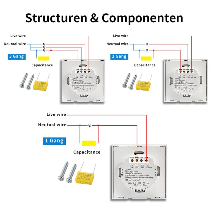 UBARO EU Standard Touch Switch Tempered Glass Panel 1 Gang Wall Light Switch AC110-240V Home No Neutral Wire Required