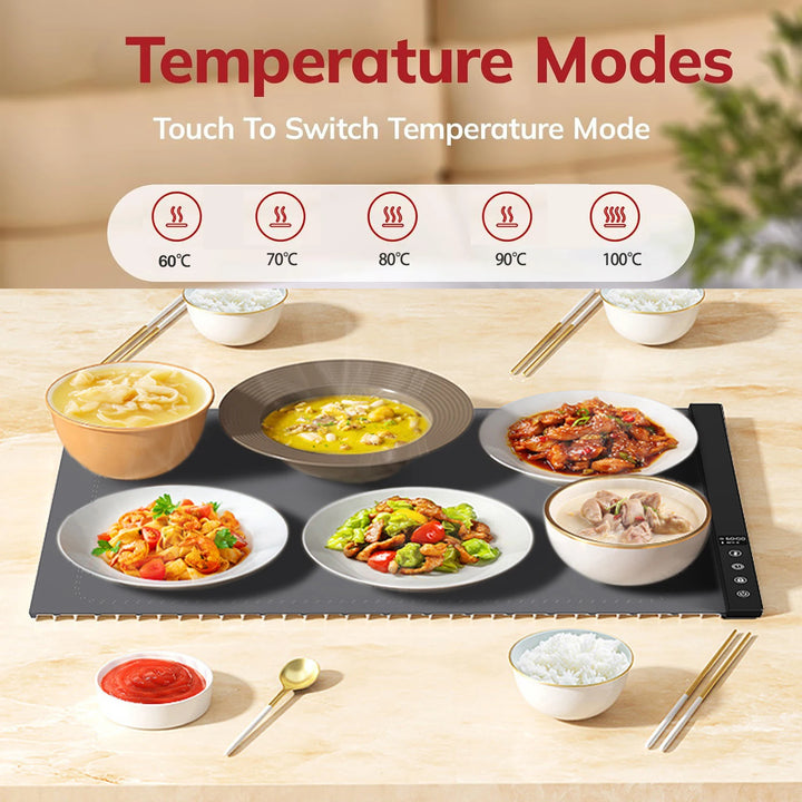 Roll Up Electric Warming Tray Foldable Portable Silicone Versatile Food Warmer 5 Temperature Settings with Safety Warning Sign