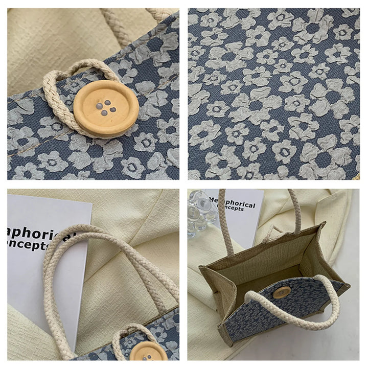 Linen Button Zipper Handbag Gift Packing Bag Flower Pattern Large Grocery Bag Women Beach Tote Portable Lunch Bag