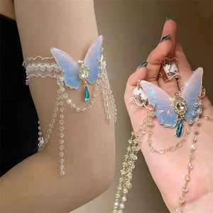 Cadena de brazo de mariposa con empalme de cristal para mujer, cadena de encaje Sexy con vendaje para pierna, joyería, Bodychain, regalos de fiesta de cumpleaños