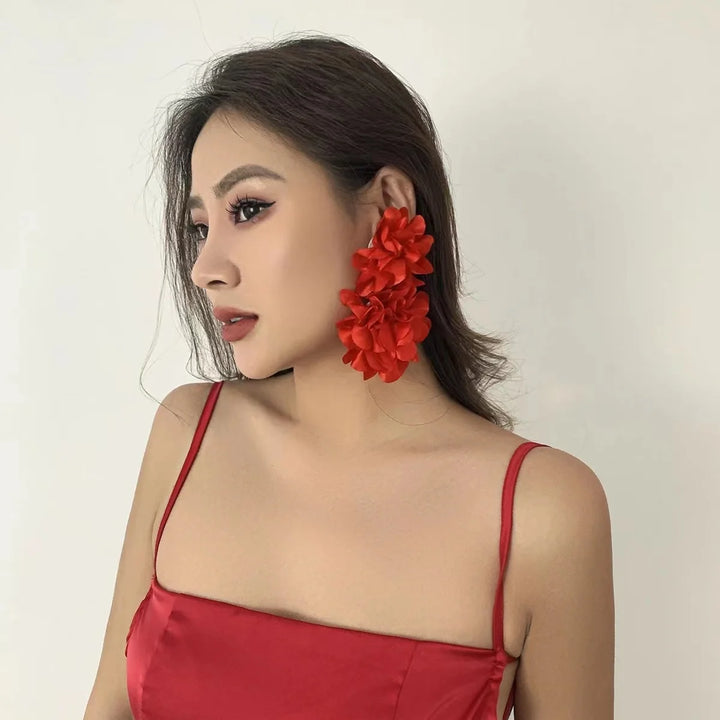 Big Fabric Flower Drop Earrings for Women Trendy Elegant Long Drop Earring Red Black White Flower Stud Earrings Wedding Jewelry