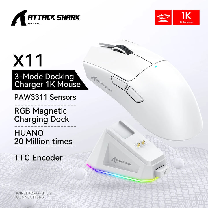 Attack Shark X11 Wireless Mouse,Tri-Mode Connection 2.4GHz/Wired/Bluetooth PAW3311 22000DPI 400IPS RGB  PC Gaming Mouse