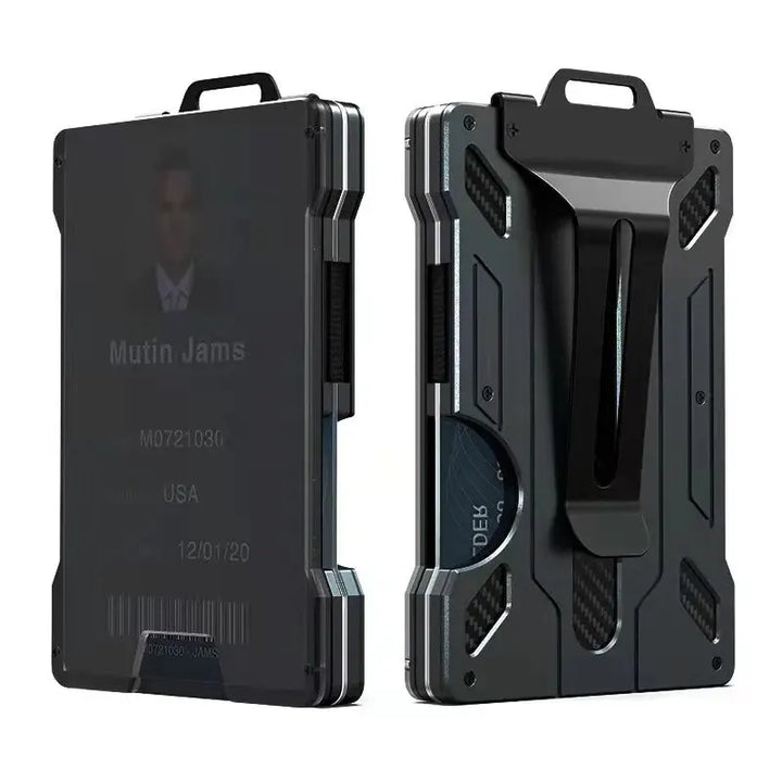 Minimalist Wallet for Men- Slim Aluminum Metal Money Clip Wallet with Clear ID Card Holder, Carbon Fiber Wallet, RFID Blocking