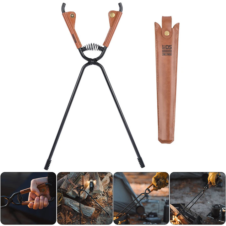 Camping Fire Poker with Leather Cover BBQ Charcoal Clips Lightweight Long Handle Fire Poker Anti-Scald Outdoor Camping BBQ Tools