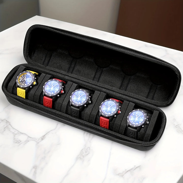 5-Grid Hard Shell Watch Organizer - Portable Travel Case with Pillow Liner, Gift-ready Black Storage Box for Smart Watch