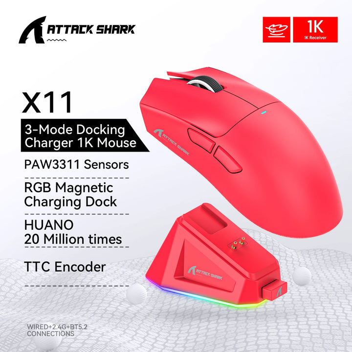 Attack Shark X11 Wireless Mouse,Tri-Mode Connection 2.4GHz/Wired/Bluetooth PAW3311 22000DPI 400IPS RGB  PC Gaming Mouse