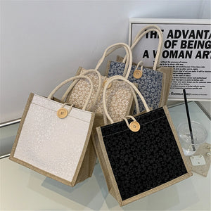 Bolso de lino con botón y cremallera, bolsa de embalaje de regalo con patrón de flores, bolsa grande para comestibles, bolsa de playa para mujer, bolsa de almuerzo portátil