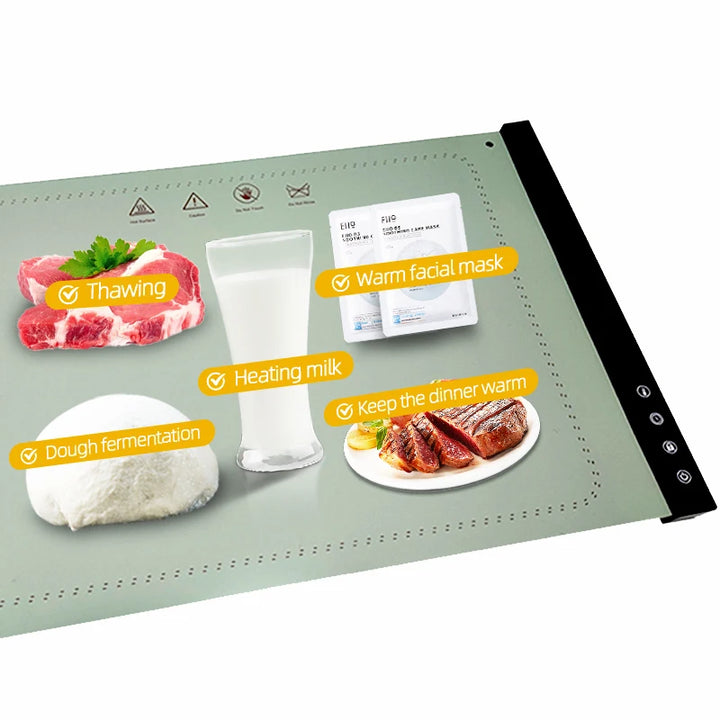 Roll Up Electric Warming Tray Foldable Portable Silicone Versatile Food Warmer 5 Temperature Settings with Safety Warning Sign