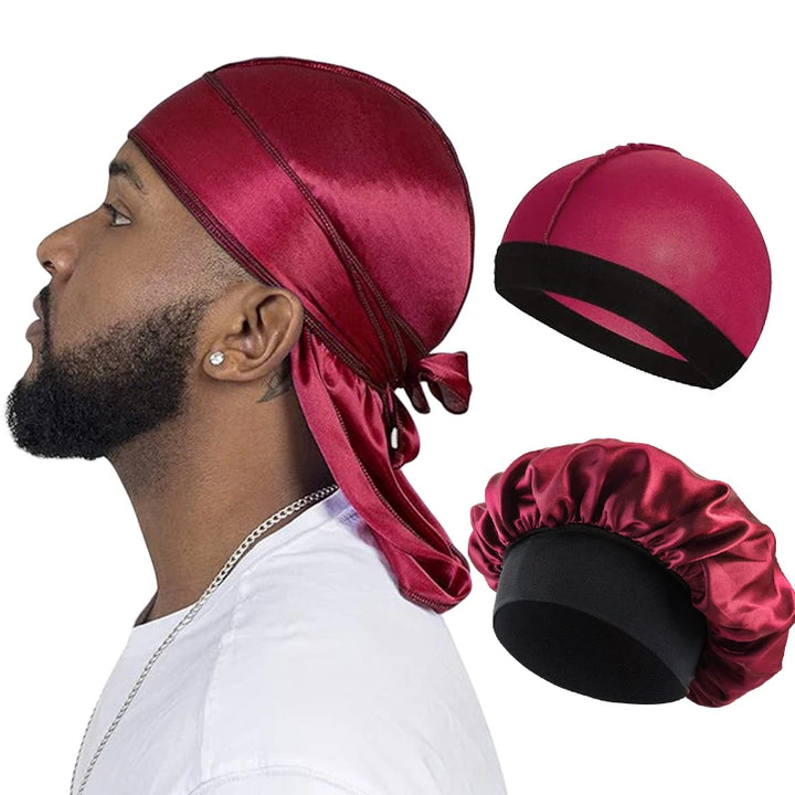3 Pcs/LOT Men Silky Durag Long Tail Pirate Hat Headband Turban Dome Wave Cap Unisex Wig Cap Elastic Band Satin Bonnet
