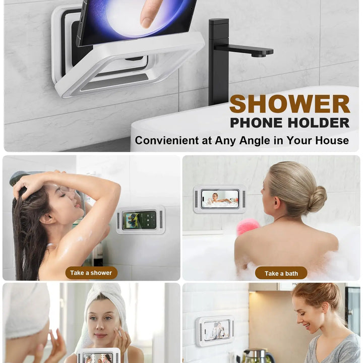 Shower Phone Holder with Speaker 480 Rotation, Wall Phone Mount for Shower Waterproof Anti Fog Shower Case for 4-7" Phones