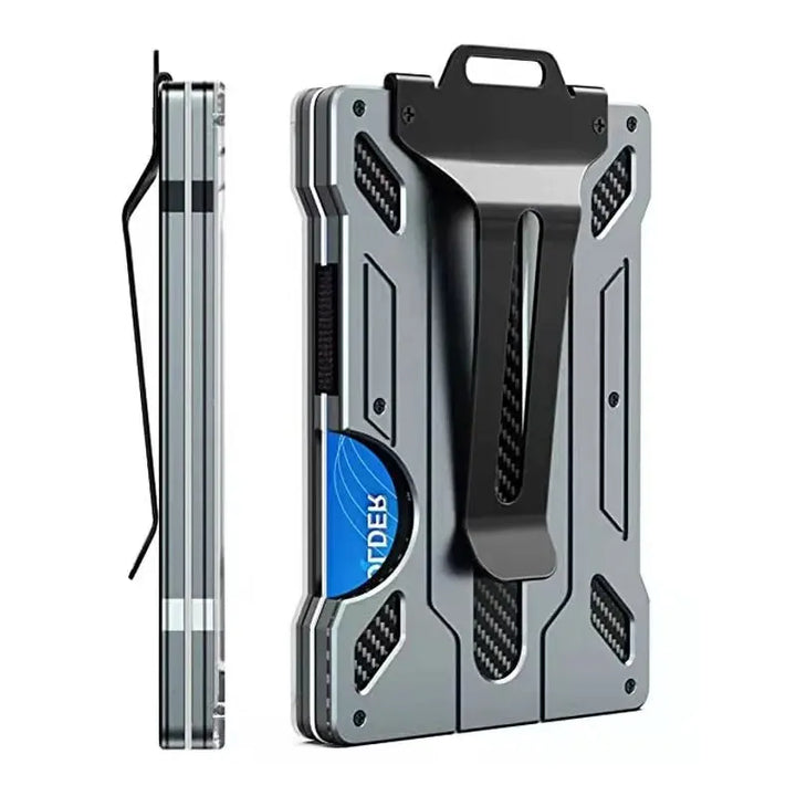 Minimalist Wallet for Men- Slim Aluminum Metal Money Clip Wallet with Clear ID Card Holder, Carbon Fiber Wallet, RFID Blocking