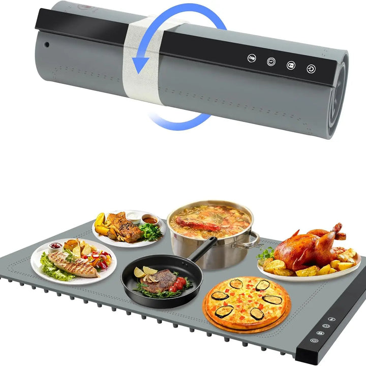 Roll Up Electric Warming Tray Foldable Portable Silicone Versatile Food Warmer 5 Temperature Settings with Safety Warning Sign