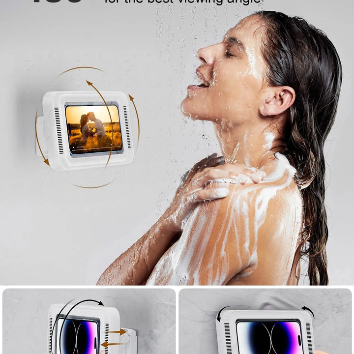 Shower Phone Holder with Speaker 480 Rotation, Wall Phone Mount for Shower Waterproof Anti Fog Shower Case for 4-7" Phones