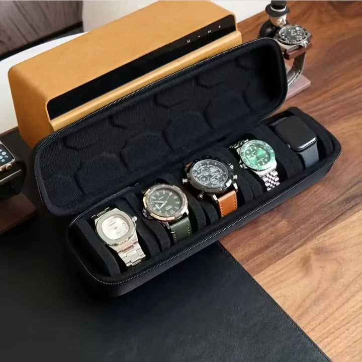 5-Grid Hard Shell Watch Organizer - Portable Travel Case with Pillow Liner, Gift-ready Black Storage Box for Smart Watch