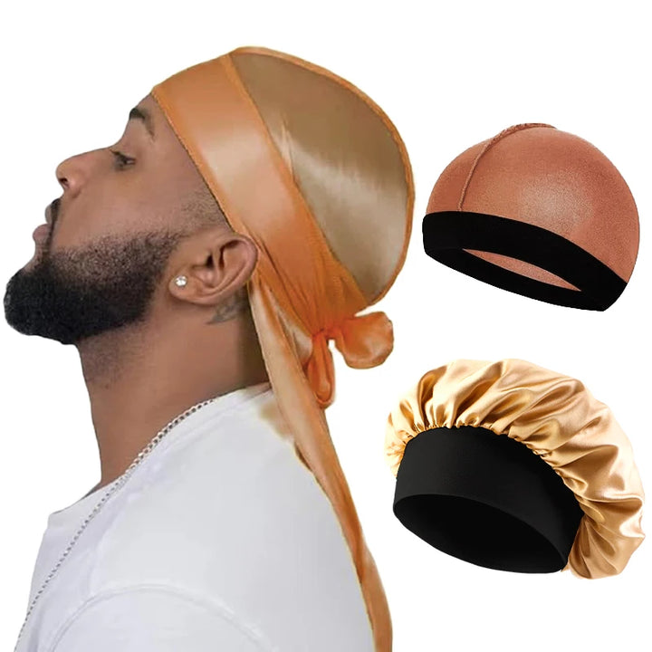 3 Pcs/LOT Men Silky Durag Long Tail Pirate Hat Headband Turban Dome Wave Cap Unisex Wig Cap Elastic Band Satin Bonnet