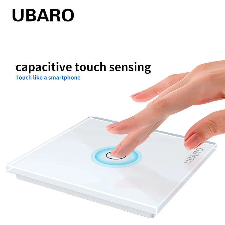 UBARO EU Standard Touch Switch Tempered Glass Panel 1 Gang Wall Light Switch AC110-240V Home No Neutral Wire Required