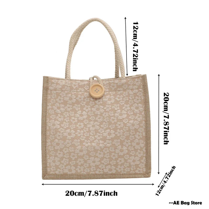 Linen Button Zipper Handbag Gift Packing Bag Flower Pattern Large Grocery Bag Women Beach Tote Portable Lunch Bag