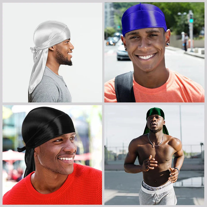 3 Pcs/LOT Men Silky Durag Long Tail Pirate Hat Headband Turban Dome Wave Cap Unisex Wig Cap Elastic Band Satin Bonnet