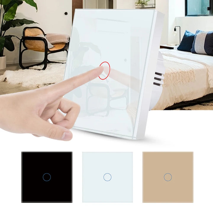 UBARO EU Standard Touch Switch Tempered Glass Panel 1 Gang Wall Light Switch AC110-240V Home No Neutral Wire Required