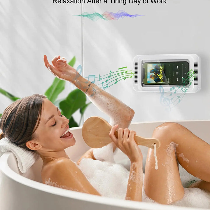Shower Phone Holder with Speaker 480 Rotation, Wall Phone Mount for Shower Waterproof Anti Fog Shower Case for 4-7" Phones