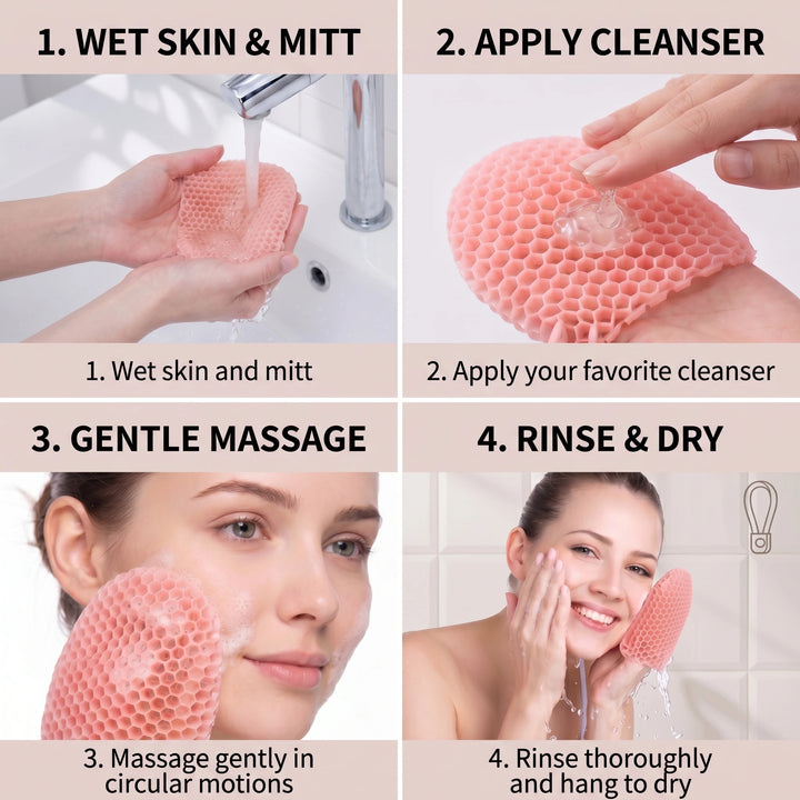 Honeycomb Exfoliating Shower Finger Caps, available in multiple colors, cleanses the skin and is safe, breathable and odorless.