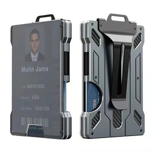 Minimalist Wallet for Men- Slim Aluminum Metal Money Clip Wallet with Clear ID Card Holder, Carbon Fiber Wallet, RFID Blocking