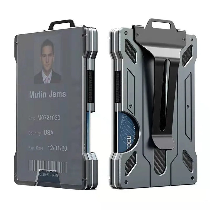 Minimalist Wallet for Men- Slim Aluminum Metal Money Clip Wallet with Clear ID Card Holder, Carbon Fiber Wallet, RFID Blocking