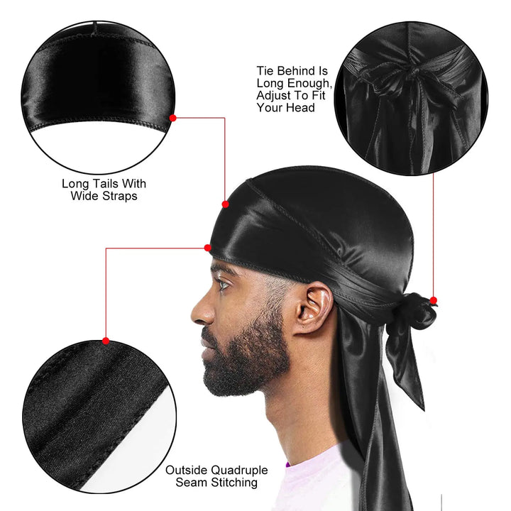 Bonnet de douche en soie pour hommes, bandana, du rag en soie, doo rag, bonnet à longue queue pour vagues