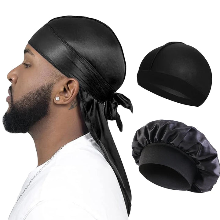 3 Pcs/LOT Men Silky Durag Long Tail Pirate Hat Headband Turban Dome Wave Cap Unisex Wig Cap Elastic Band Satin Bonnet