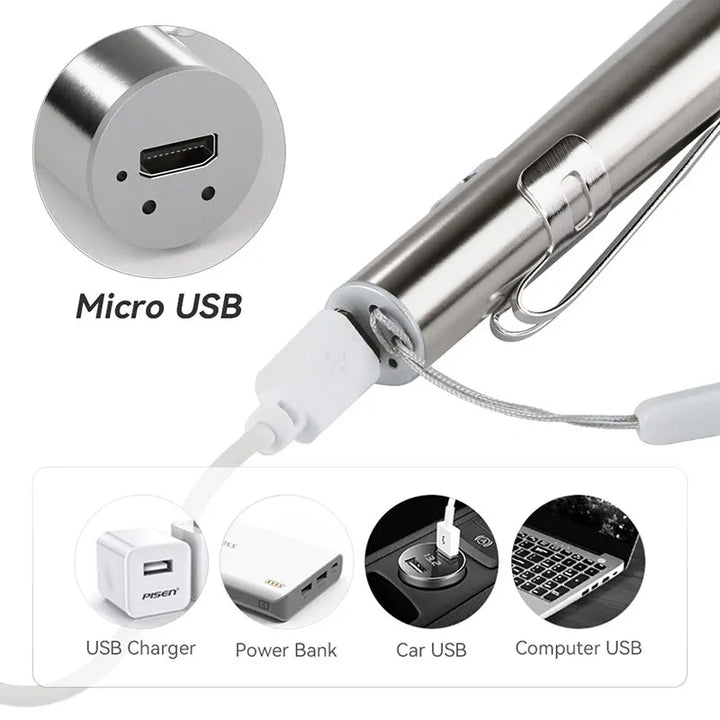 Lanterna LED portátil médica mini, caneta flashlight recarregável por USB, lanterna para dentista e enfermeira com clipe de aço inoxidável