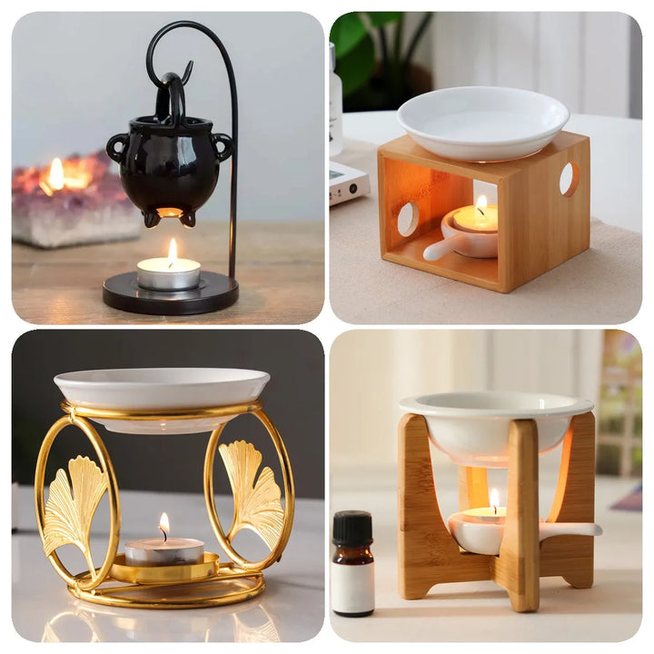 Ceramic Candle Holder Essential Oil Burner Diffuser Furnace Warmer Tealight Candle Wood Base Lamp Porcelain Living Room Decor