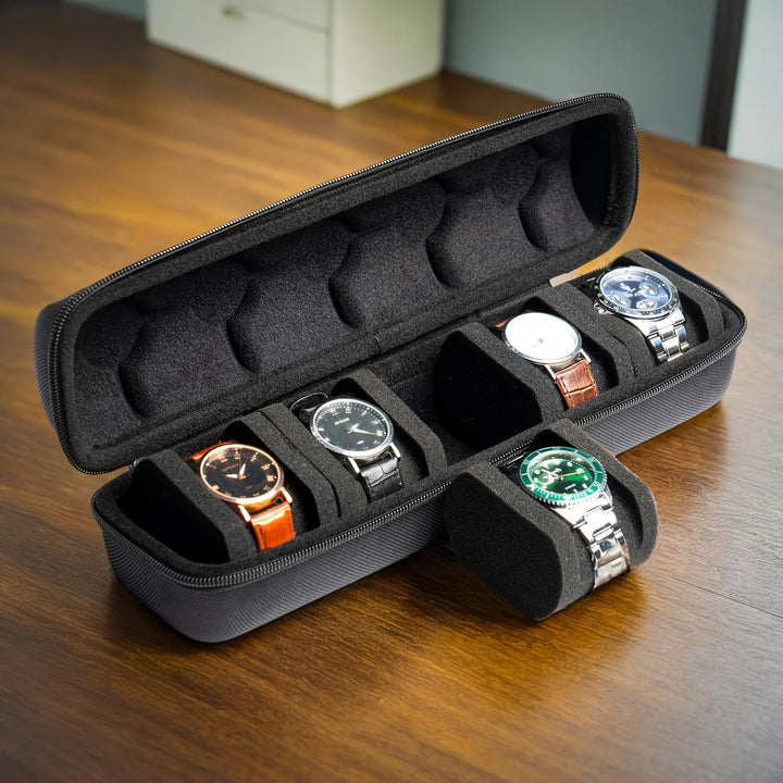 5-Grid Hard Shell Watch Organizer - Portable Travel Case with Pillow Liner, Gift-ready Black Storage Box for Smart Watch