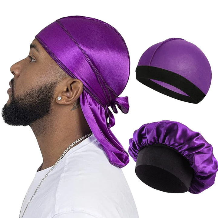 3 Pcs/LOT Men Silky Durag Long Tail Pirate Hat Headband Turban Dome Wave Cap Unisex Wig Cap Elastic Band Satin Bonnet